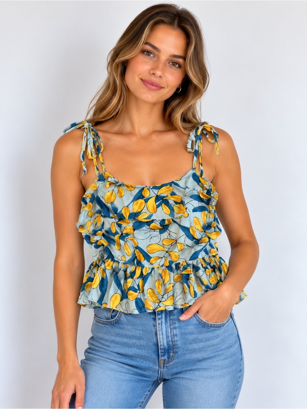 GT-54 MINE Blue Yellow Floral Leaf Tie Strap Camisole Ruffle Hem Boho L